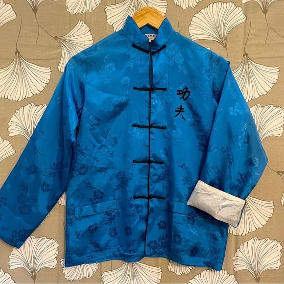 Chinese Tang Suit Jacket Shirt Blue White - Picture 1 of 9